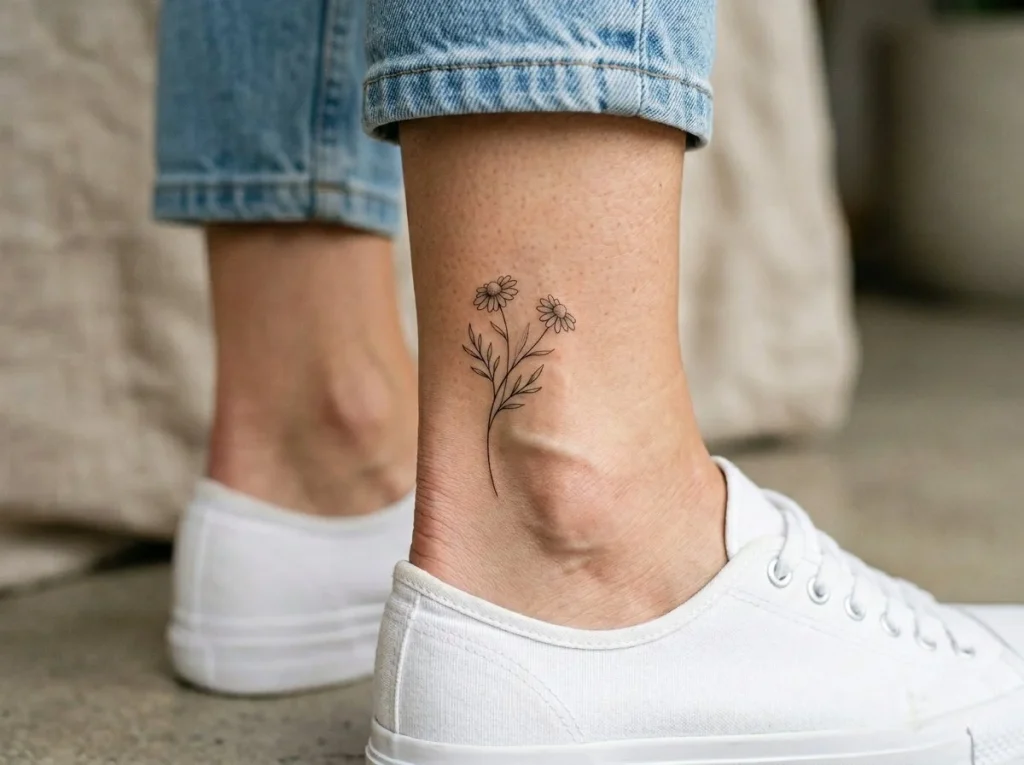 Tatuagem de camomila feminina no tornozelo em estilo fine line