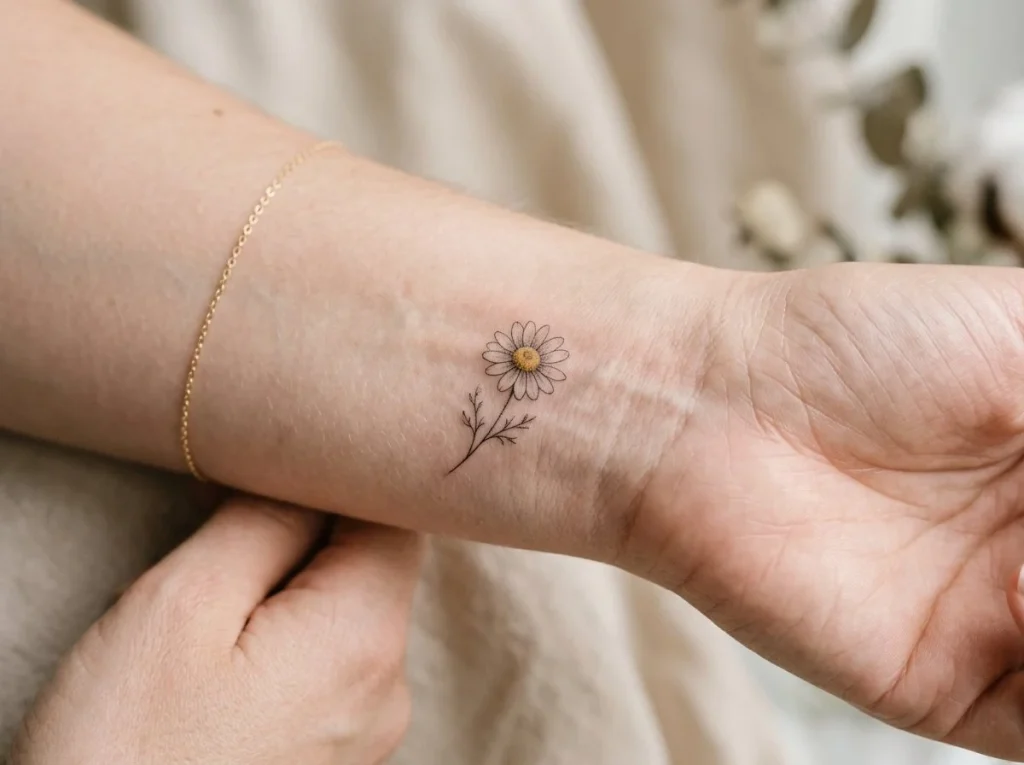 Tatuagem pequena de camomila feminina no pulso com traço fino