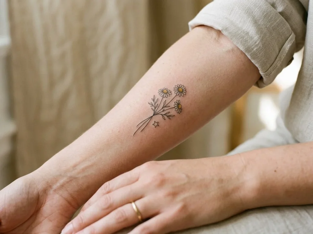 Tatuagem floral delicada de camomila feminina no antebraço