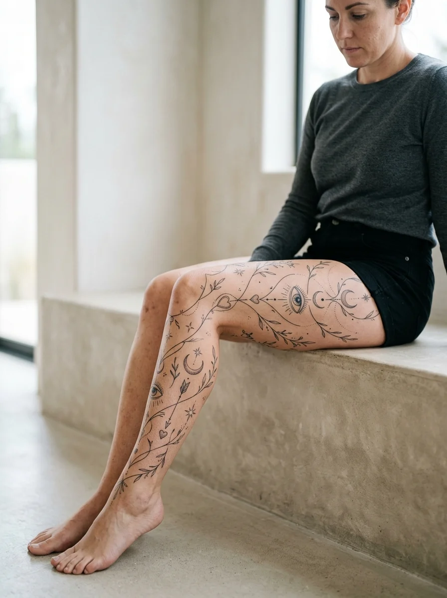 Leg sleeve com amuletos e símbolos discretos ligados por linhas finas