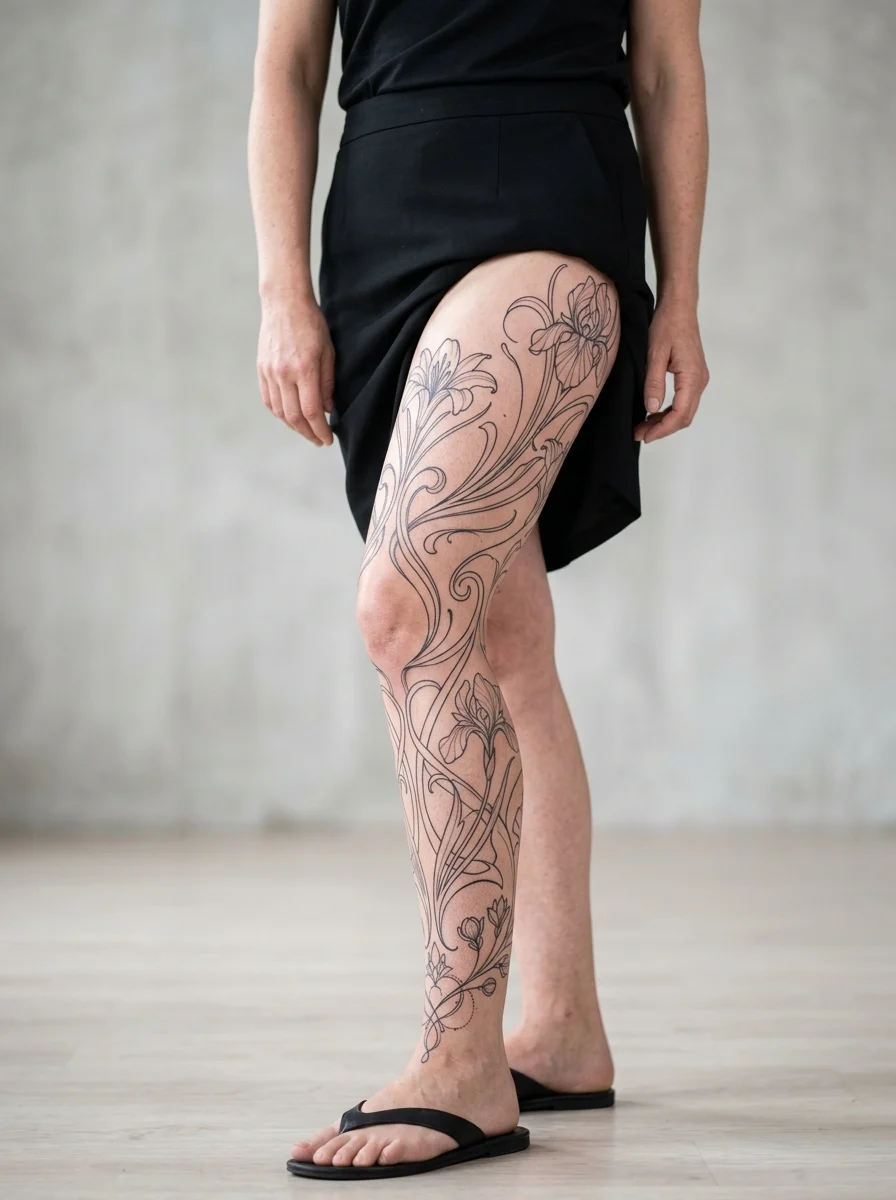 Leg sleeve feminina fine line com motivos Art Nouveau florais e curvos