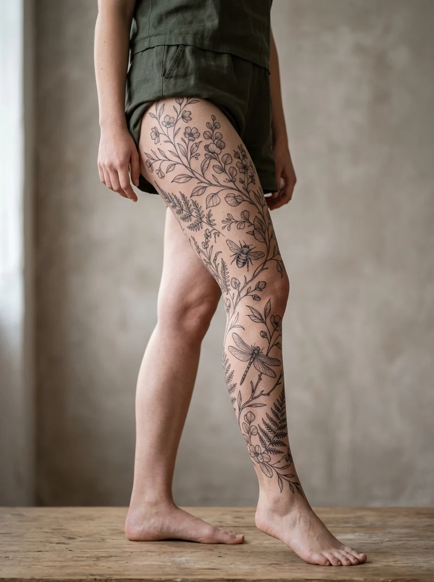 Leg sleeve feminina fine line com botânica e insetos delicados