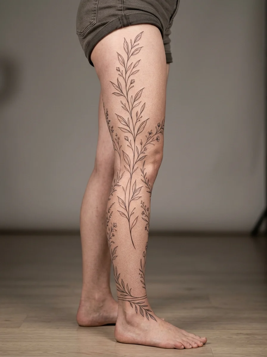 Tatuagem leg sleeve fine line com botânica vertical escultórica e detalhes laterais
