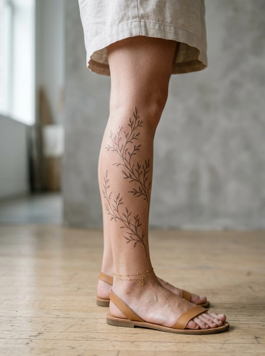 Tatuagem perna inteira com bracelete fino no tornozelo e composição vertical