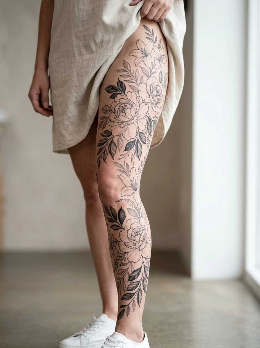 Leg sleeve fine line com flores grandes em contorno e folhas em negative space