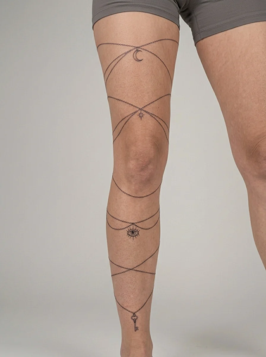 Leg sleeve fine line com correntes e pingentes simbólicos discretos