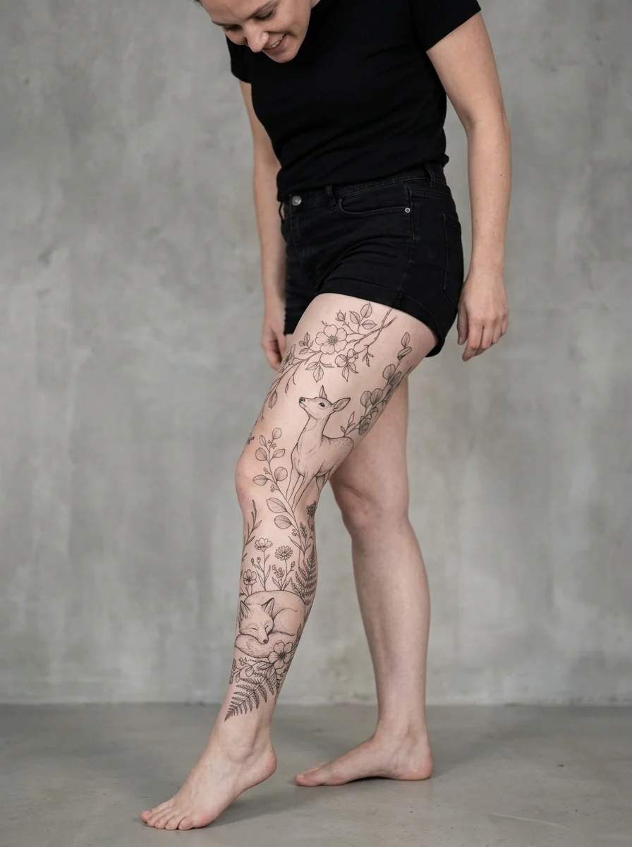 Leg sleeve delicada com animal em fine line integrado em botânica