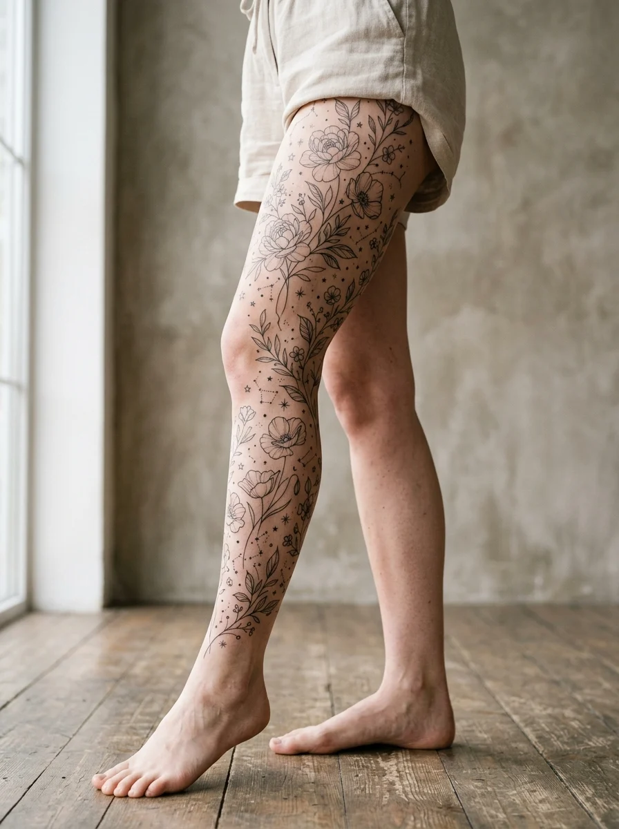 Leg sleeve delicada com mistura de flores e estrelas em fine line