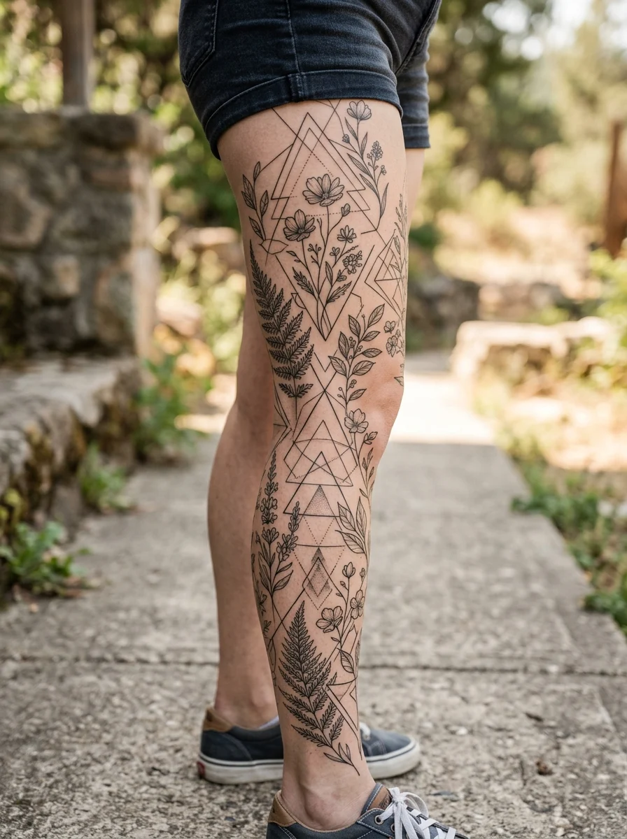 Tatuagem perna inteira com geometria suave e botânica em fine line