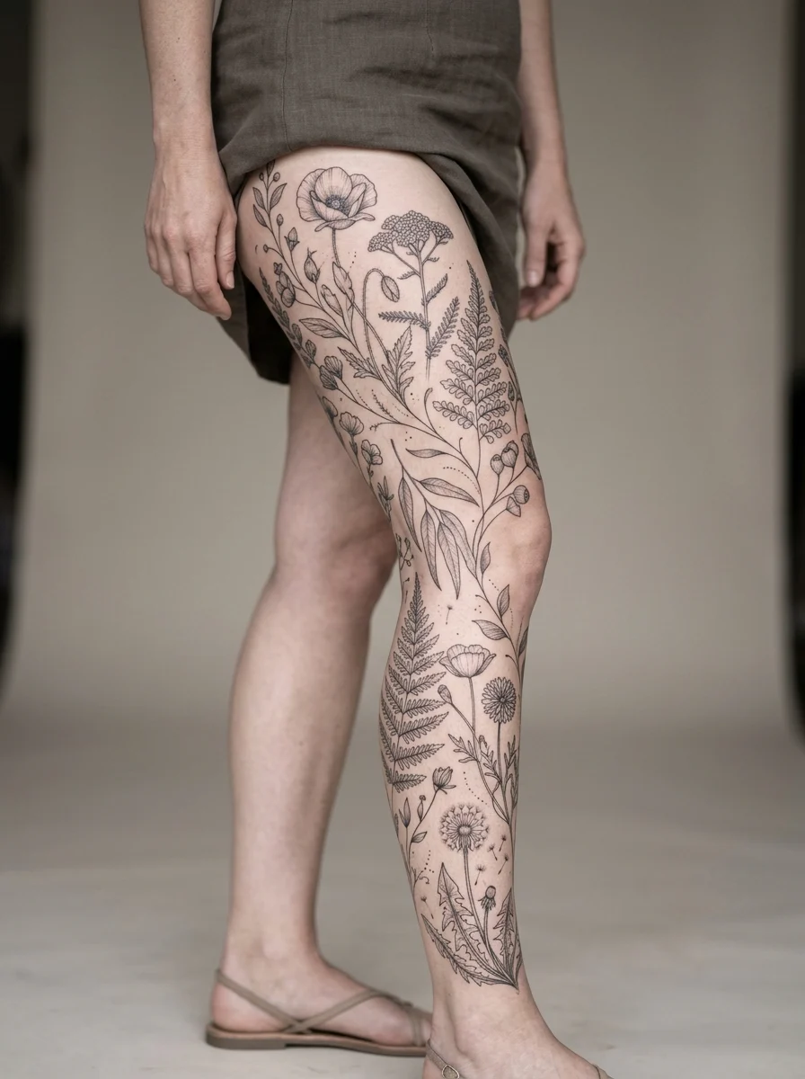 Leg sleeve estilo herbário com ilustrações botânicas em fine line