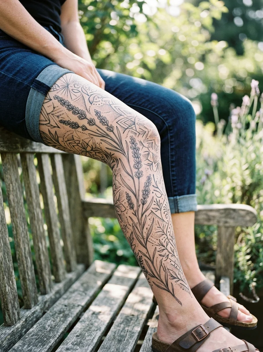 Tatuagem perna inteira fine line com ramo de lavanda na lateral