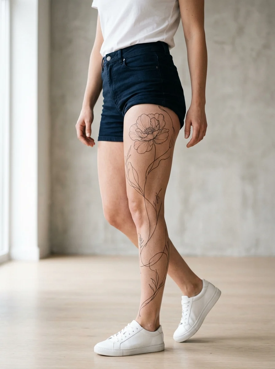 Leg sleeve minimalista com linha contínua e flor maior na coxa