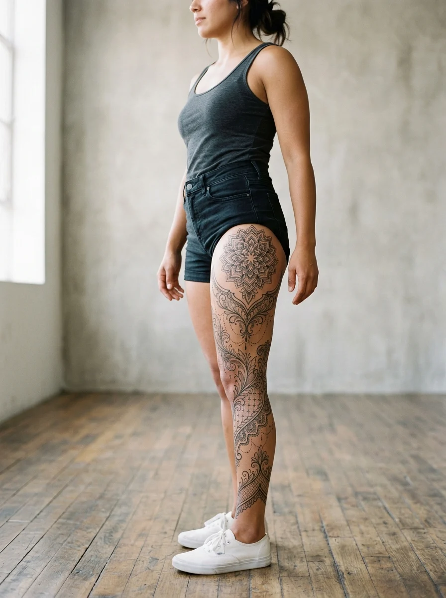Leg sleeve fine line com mandala suave na coxa e filigrana até ao tornozelo