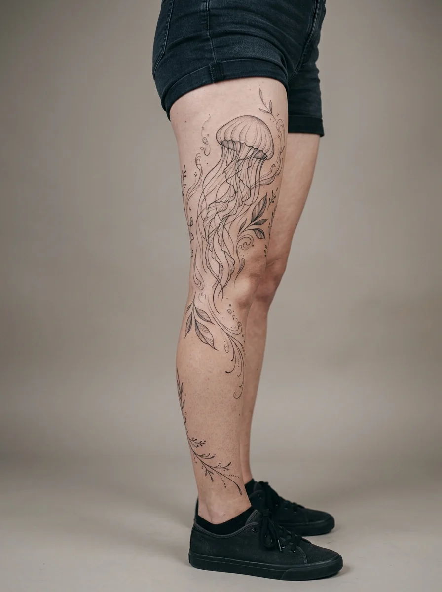 Leg sleeve feminina com água-viva minimalista em fine line