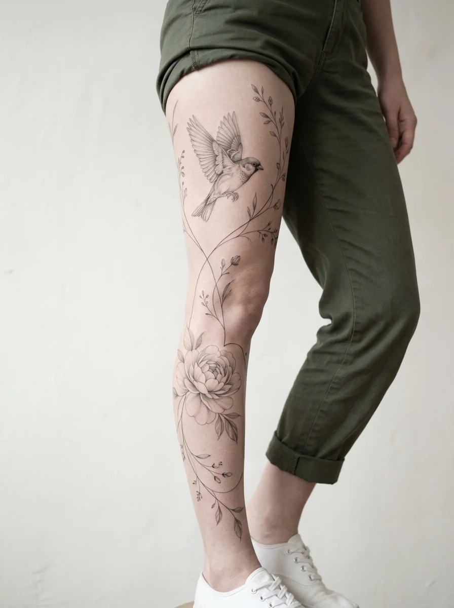Leg sleeve em fine line com micro-realismo suave e ligações delicadas