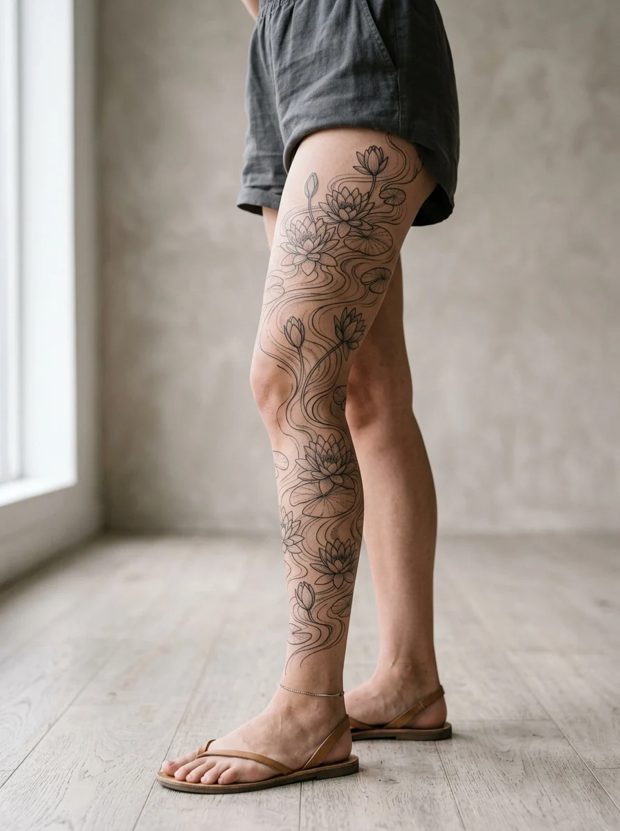 Leg sleeve fine line com nenúfares e linhas de água