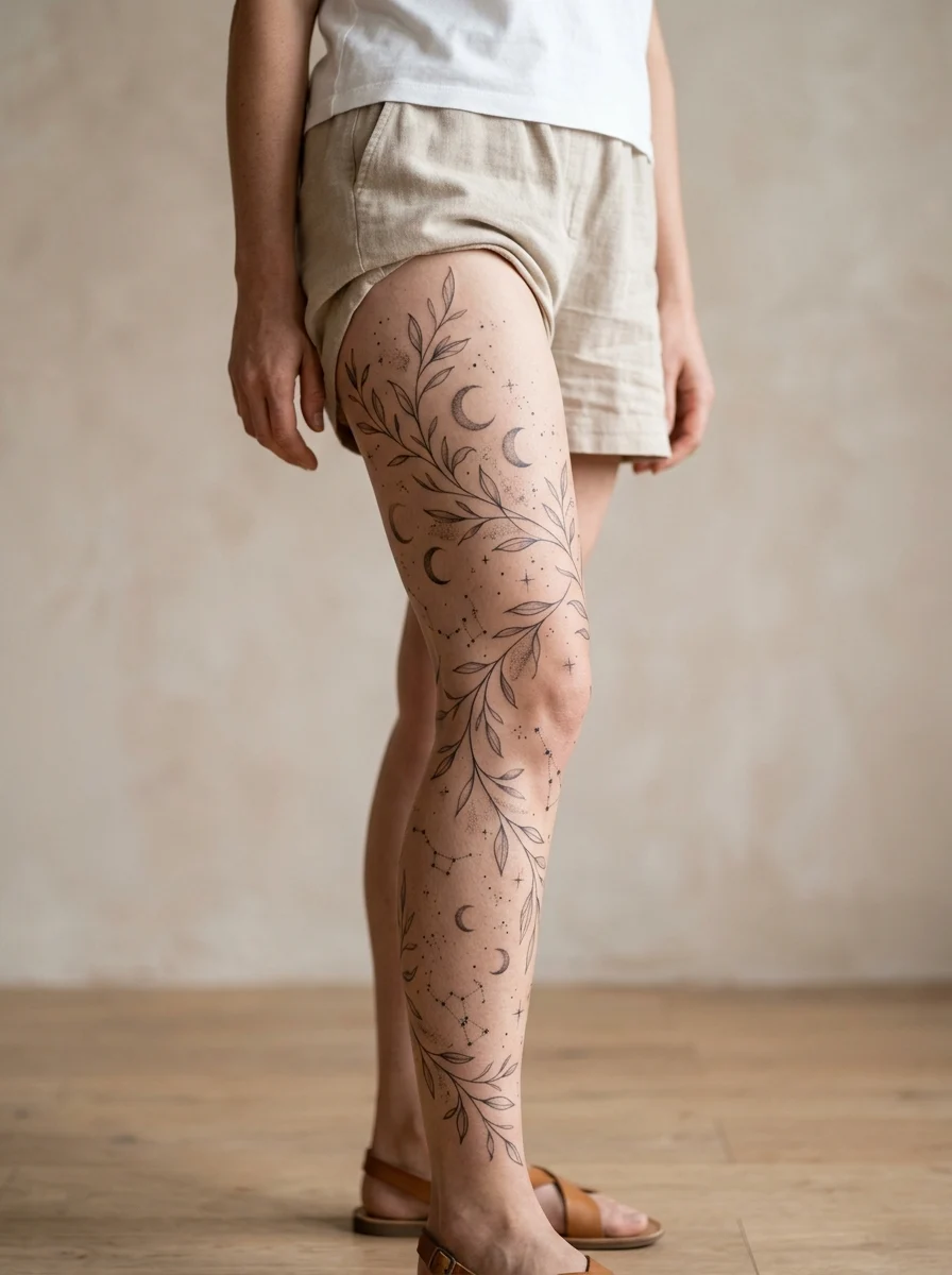 Leg sleeve fine line com tema noite: lua, estrelas e ramos suaves