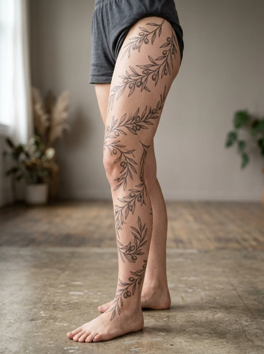 Leg sleeve feminina fine line com ramos de oliveira ao longo da perna