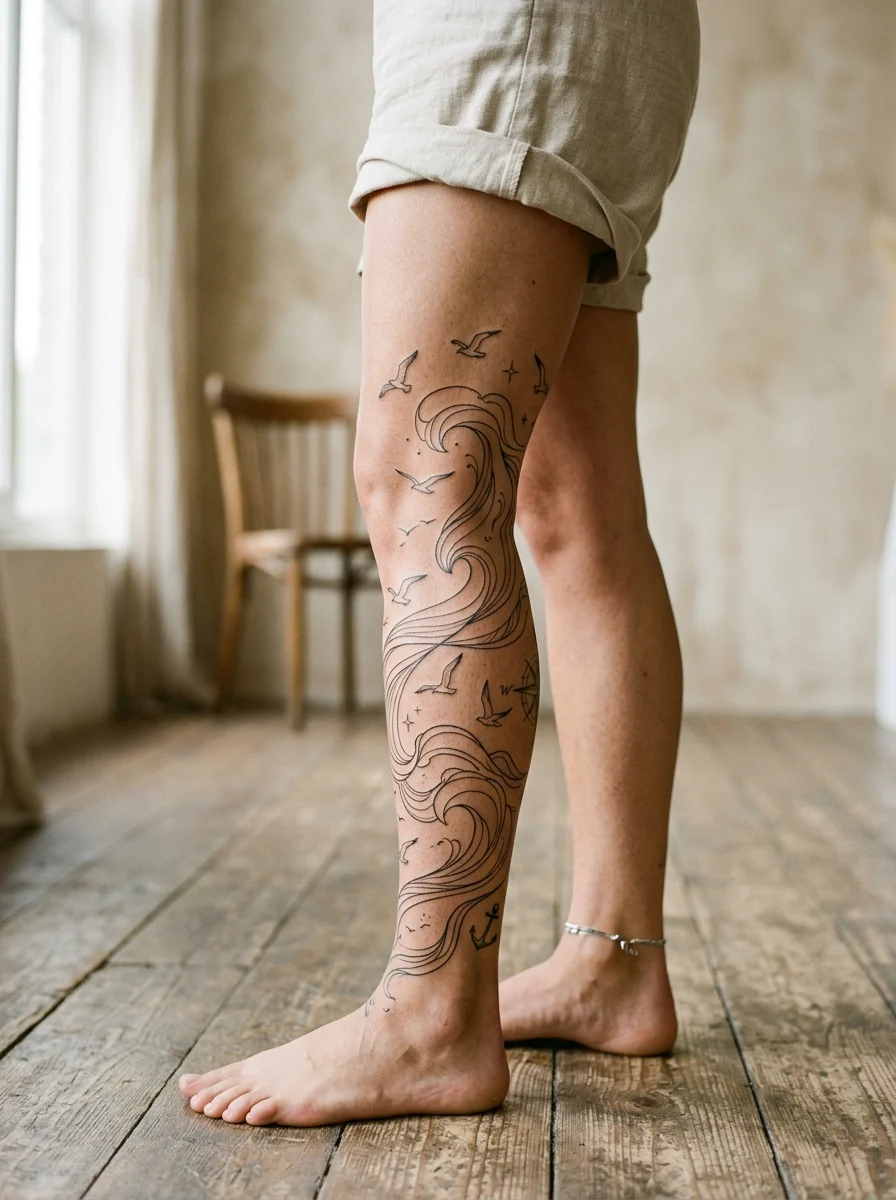 Tatuagem perna inteira fine line com ondas minimalistas e gaivotas