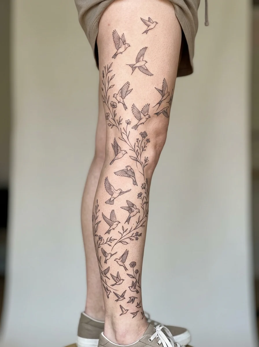 Leg sleeve delicada com pássaros pequenos em voo ascendente