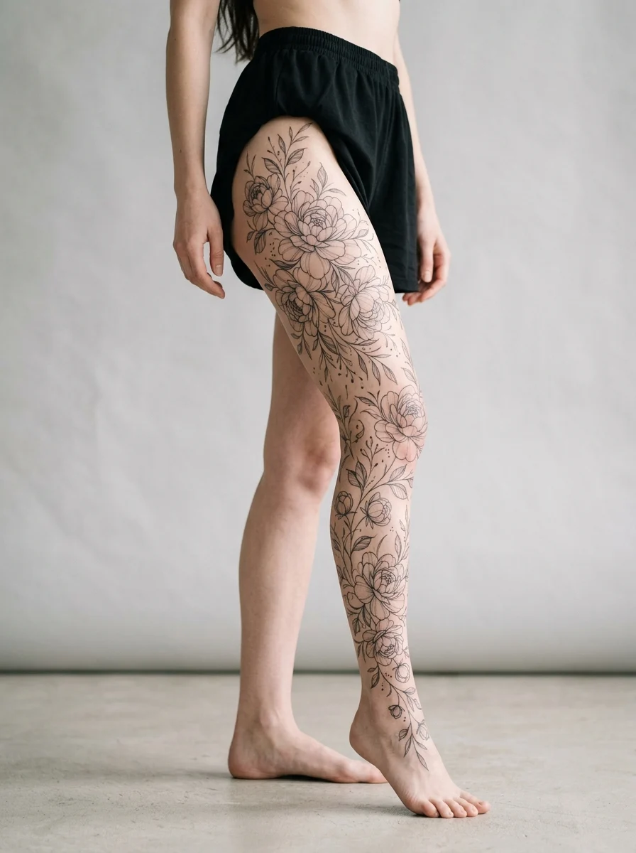 Tatuagem perna inteira fine line com cascata de peónias delicadas
