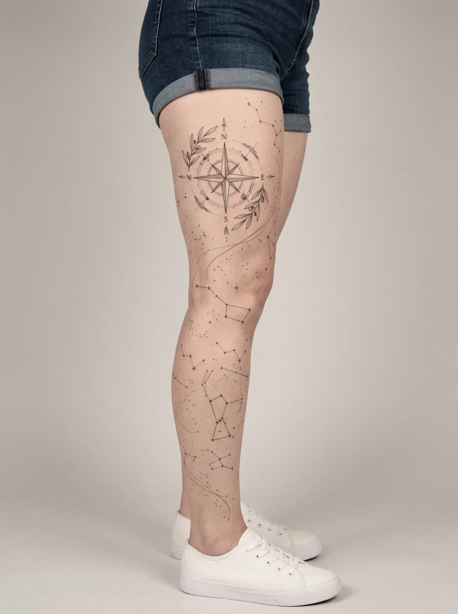 Leg sleeve com rosa dos ventos minimalista e constelações em fine line