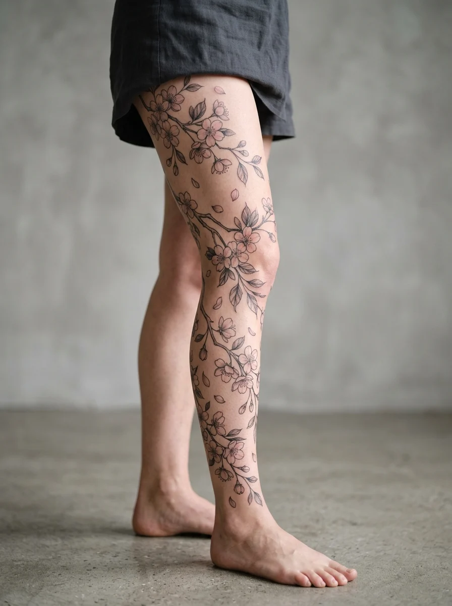 Leg sleeve fine line com galhos de cerejeira e pétalas dispersas
