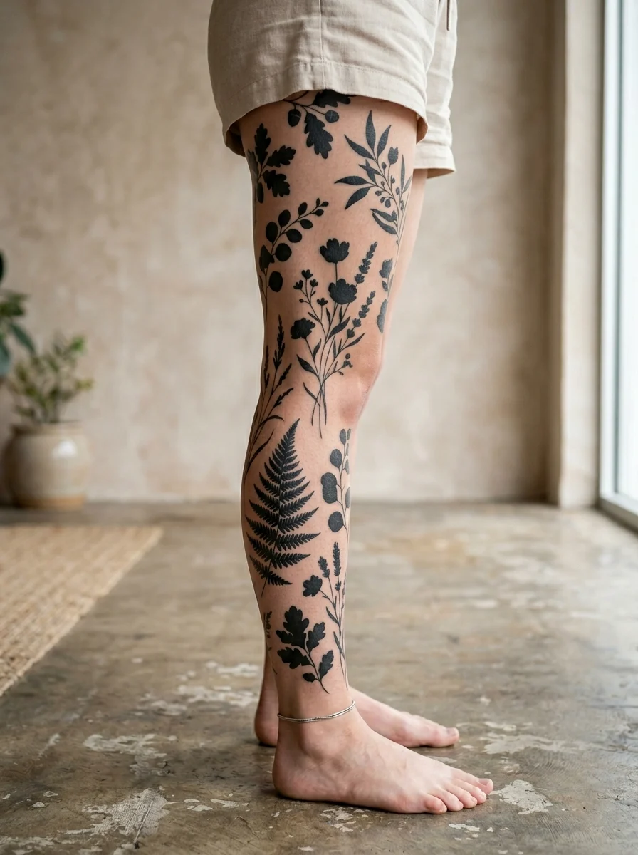 Tatuagem perna inteira fine line com silhuetas botânicas e sombras suaves