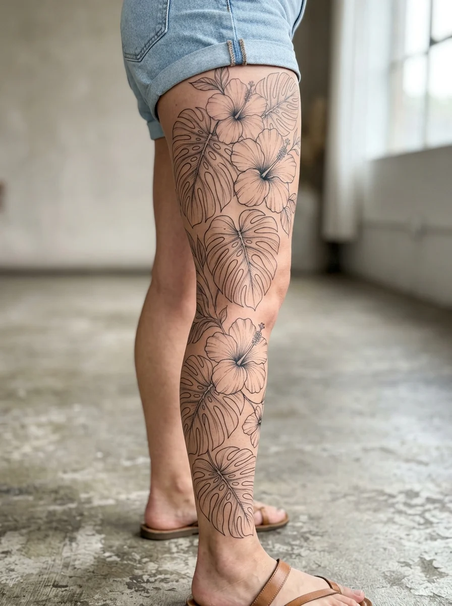 Leg sleeve feminina fine line com monstera e hibisco minimalistas