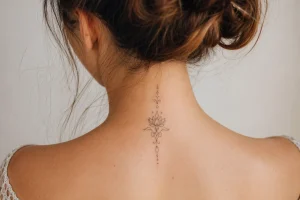 Tatuagens femininas na clavícula com floral fine line em fundo neutro