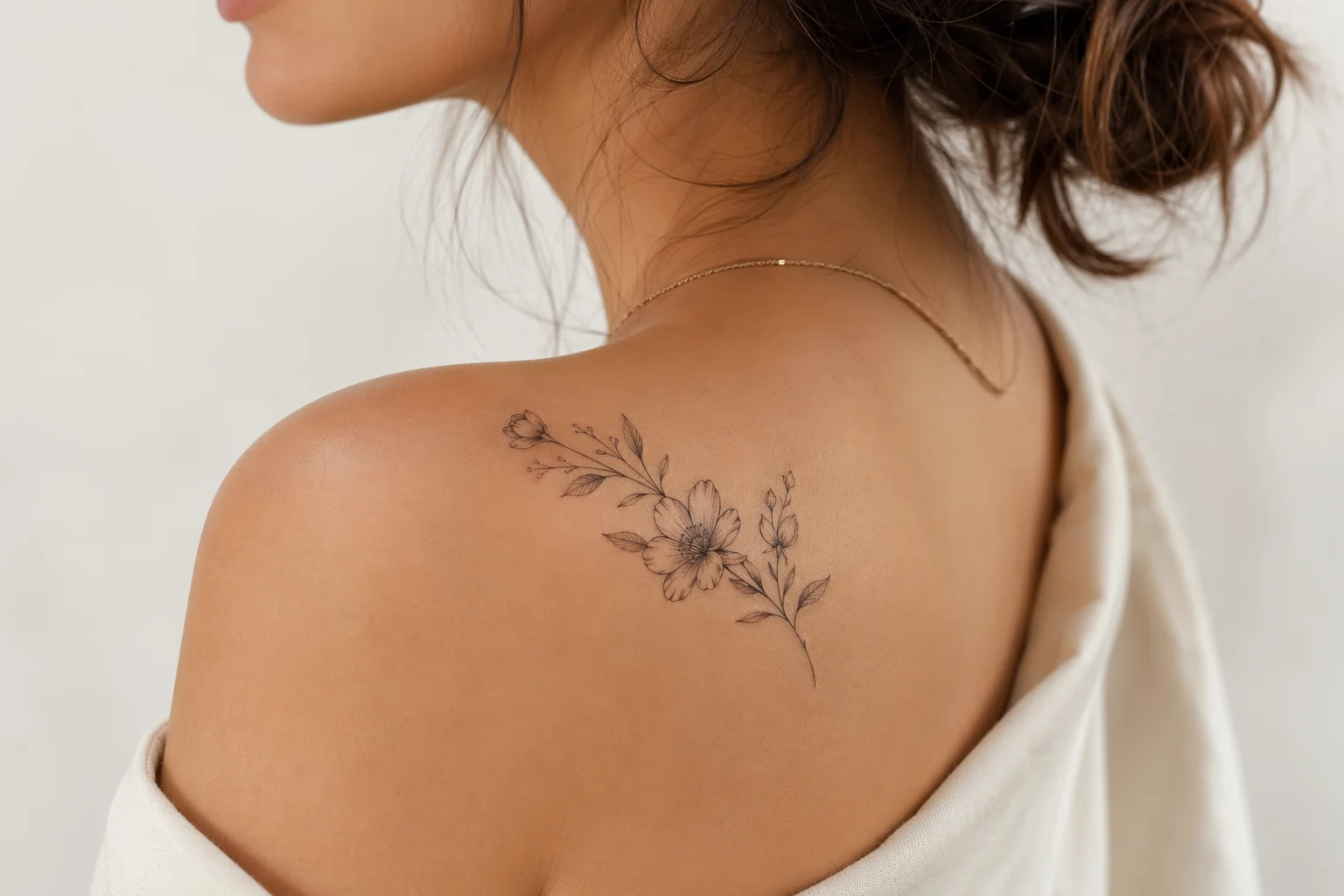 Tatuagem feminina delicada na nuca com traço fine line floral