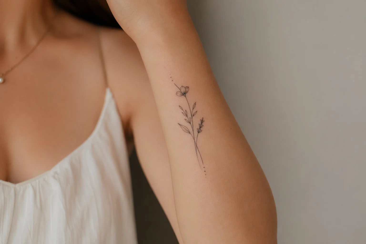 Tatuagem feminina delicada no antebraço com ramo floral fine line