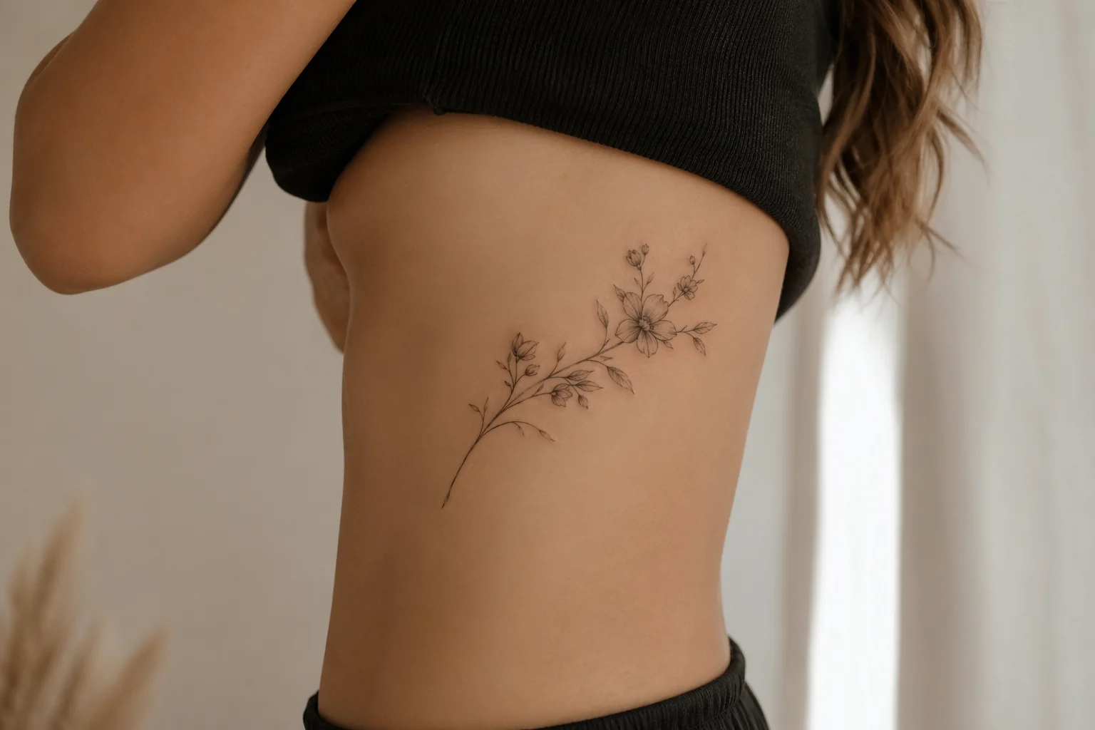 Tatuagem feminina delicada na clavícula com ramo floral fine line em fundo neutro