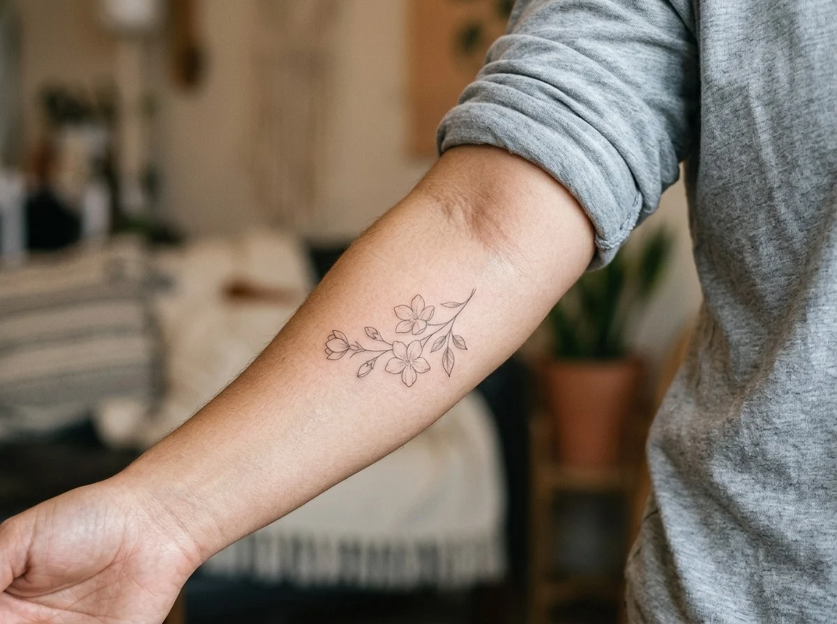 Tatuagem de jasmim feminina delicada em fine line no antebraço