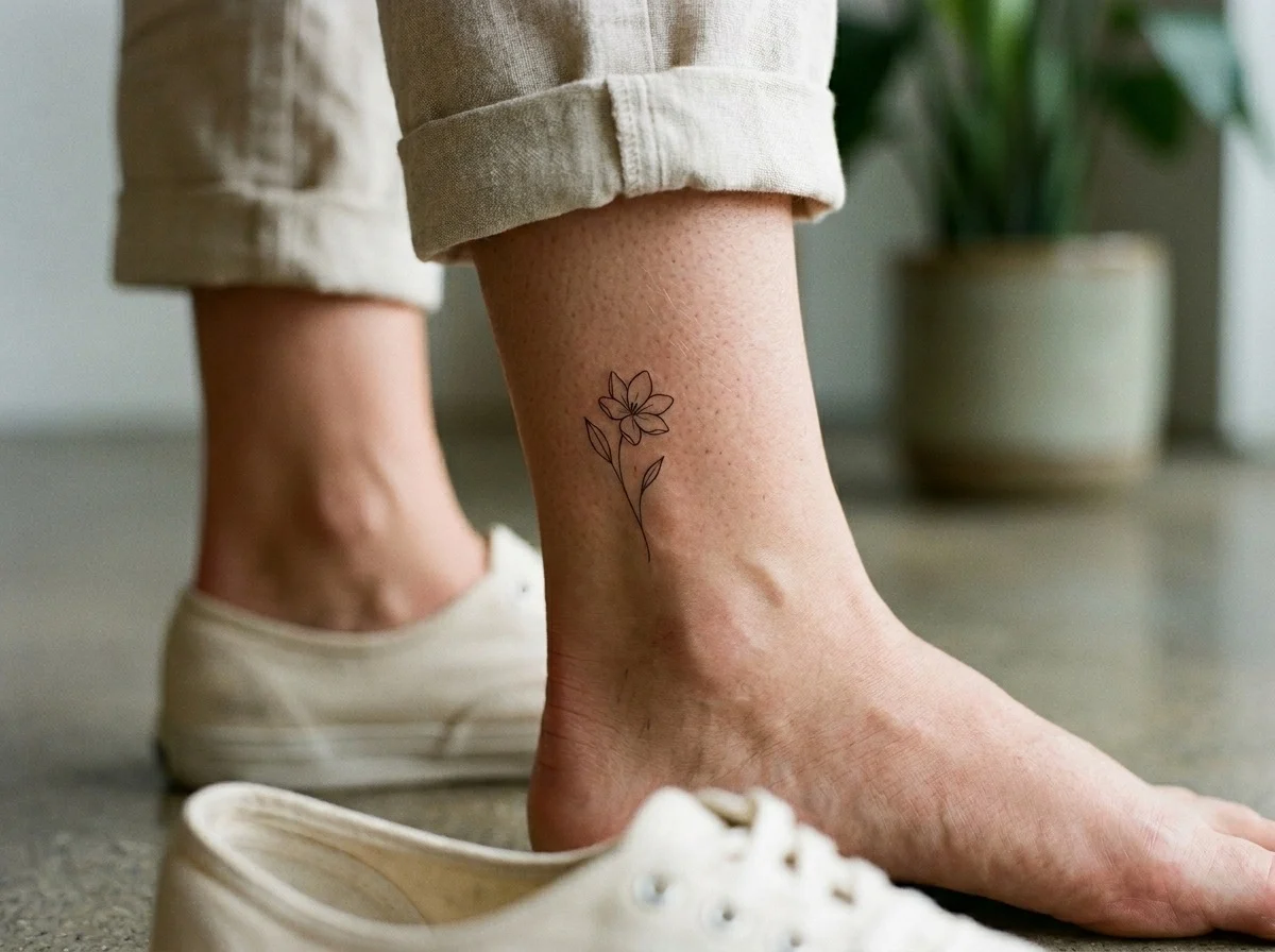 Tatuagem de jasmim delicada no tornozelo em traço fino