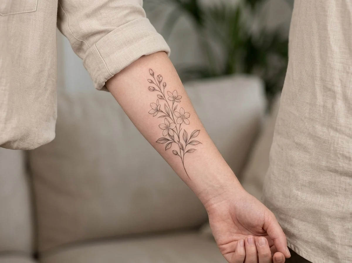 Tatuagem botânica de jasmim feminina em fine line no antebraço