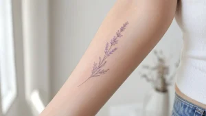 Tatuagem de lavanda feminina em fine line no antebraço interno
