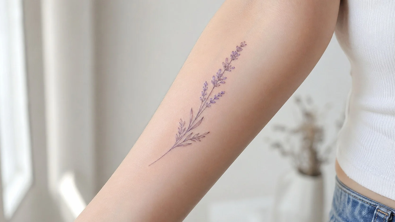Tatuagem de lavanda feminina em fine line no antebraço interno