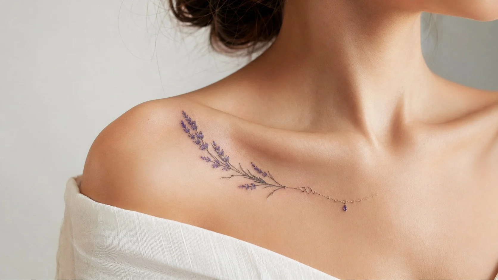 Tatuagem de lavanda feminina na clavícula com traço fino
