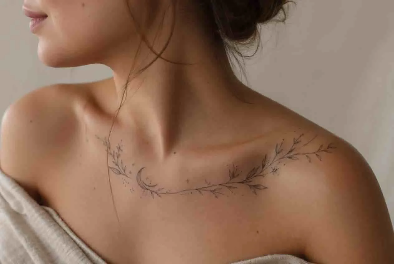 Tatuagem floral minimalista na clavícula feminina com flor única