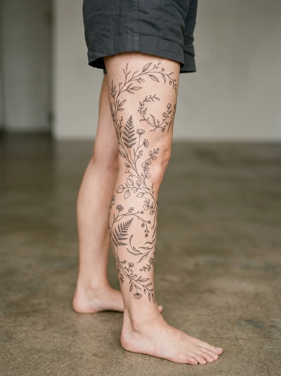 Tatuagem sleeve fine line com flores e folhas em espiral na perna inteira