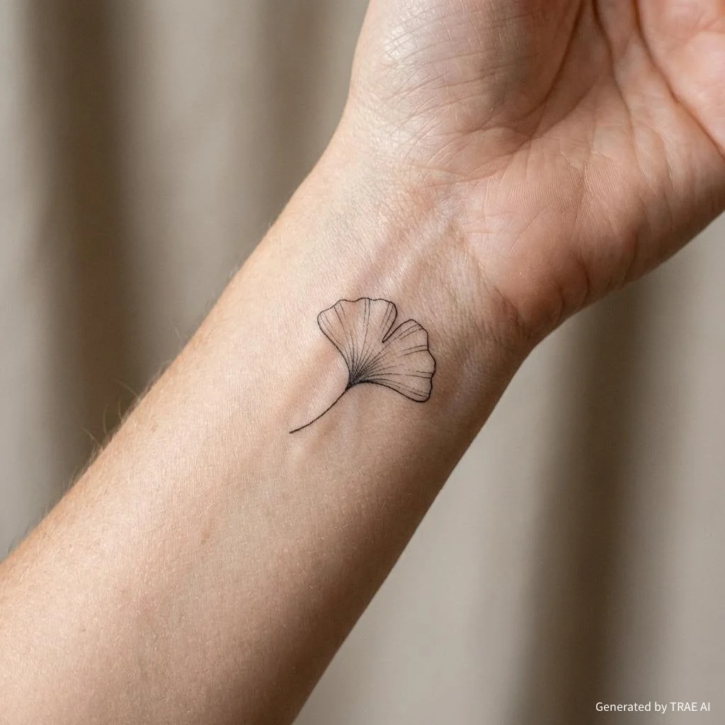 Tatuagem de ginkgo biloba feminina minimalista no pulso