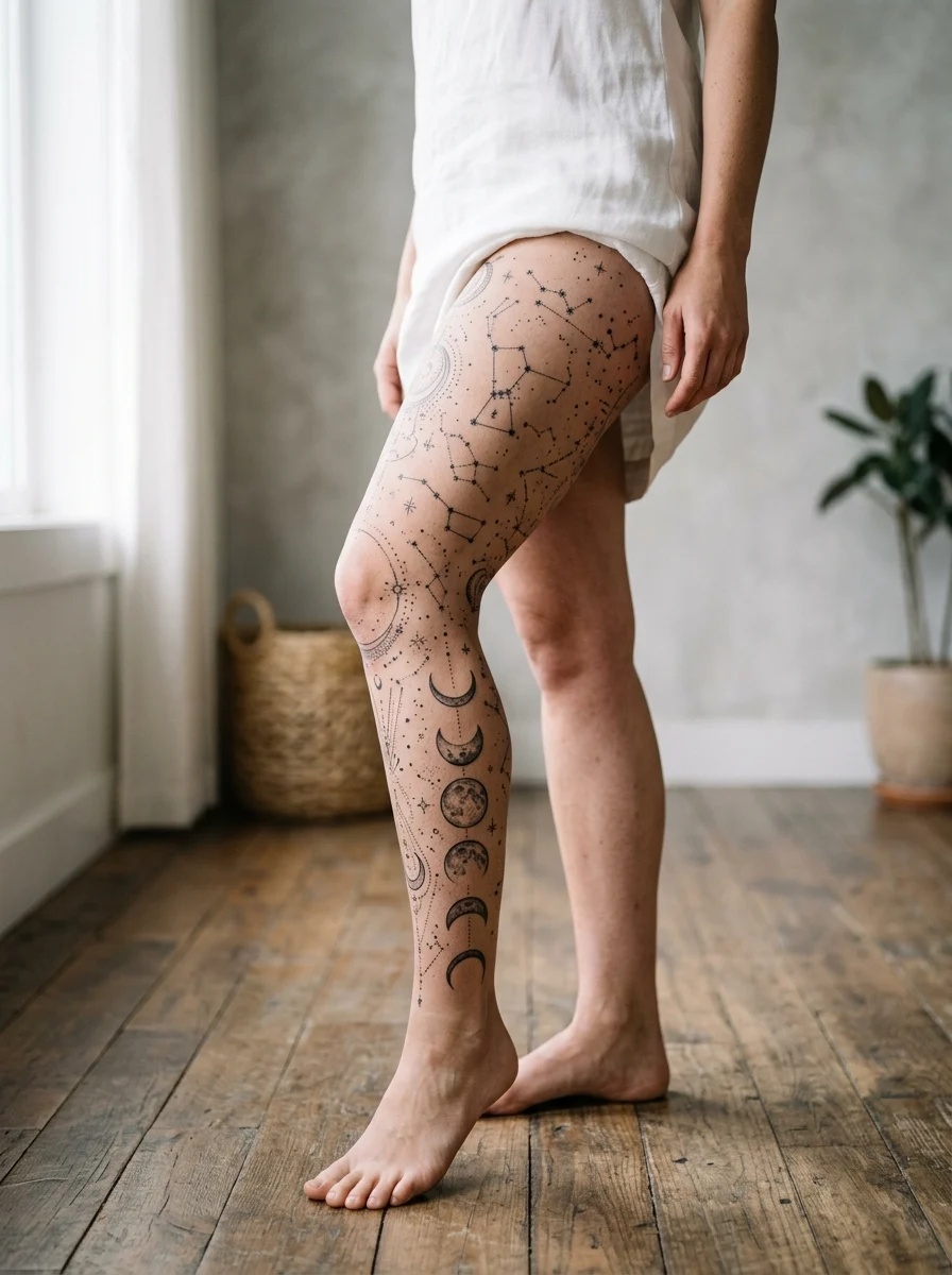 Leg sleeve feminina fine line com luas e constelações ao longo da perna