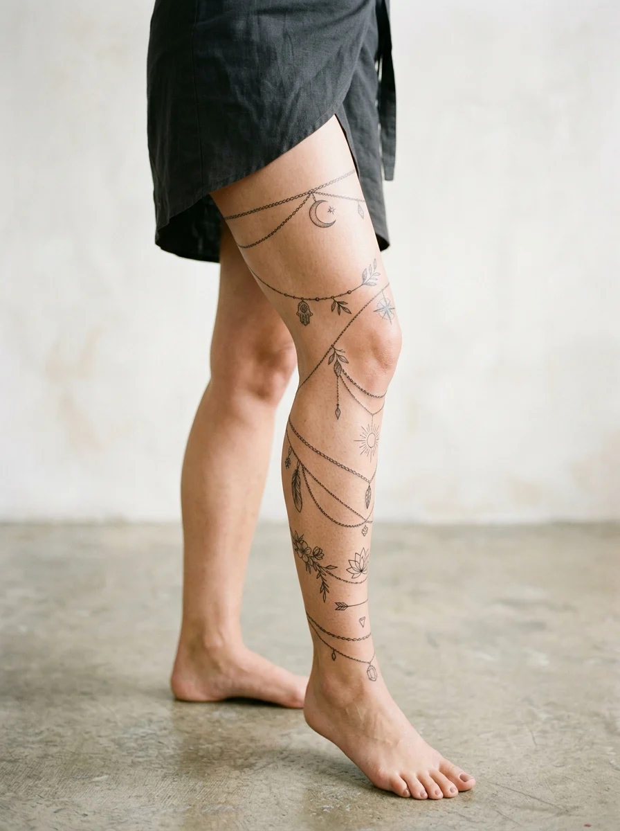 Detalhe de tattoo fine line estilo correntes/joalharia a envolver a perna