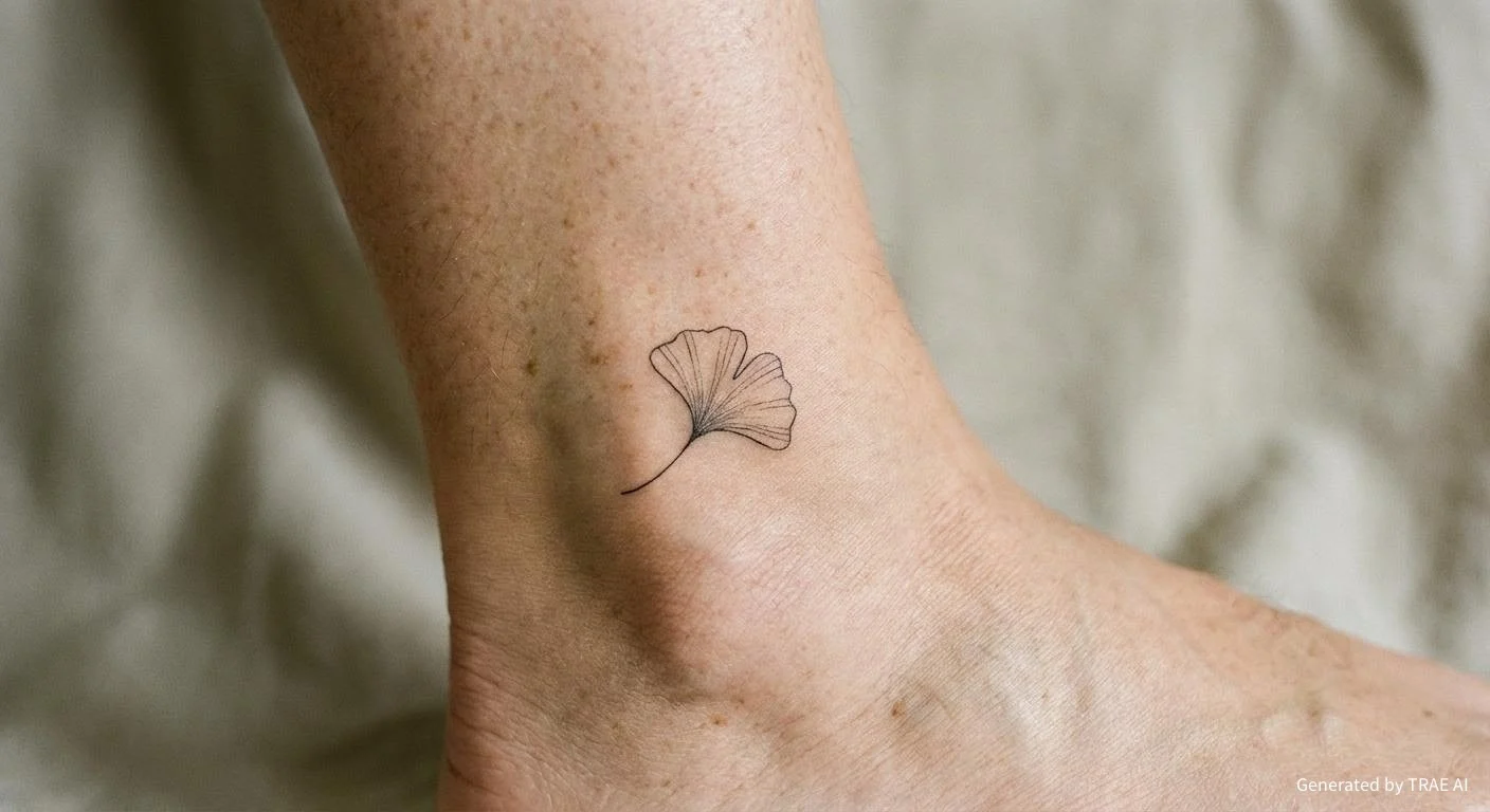Tatuagem delicada de ginkgo biloba no tornozelo feminino
