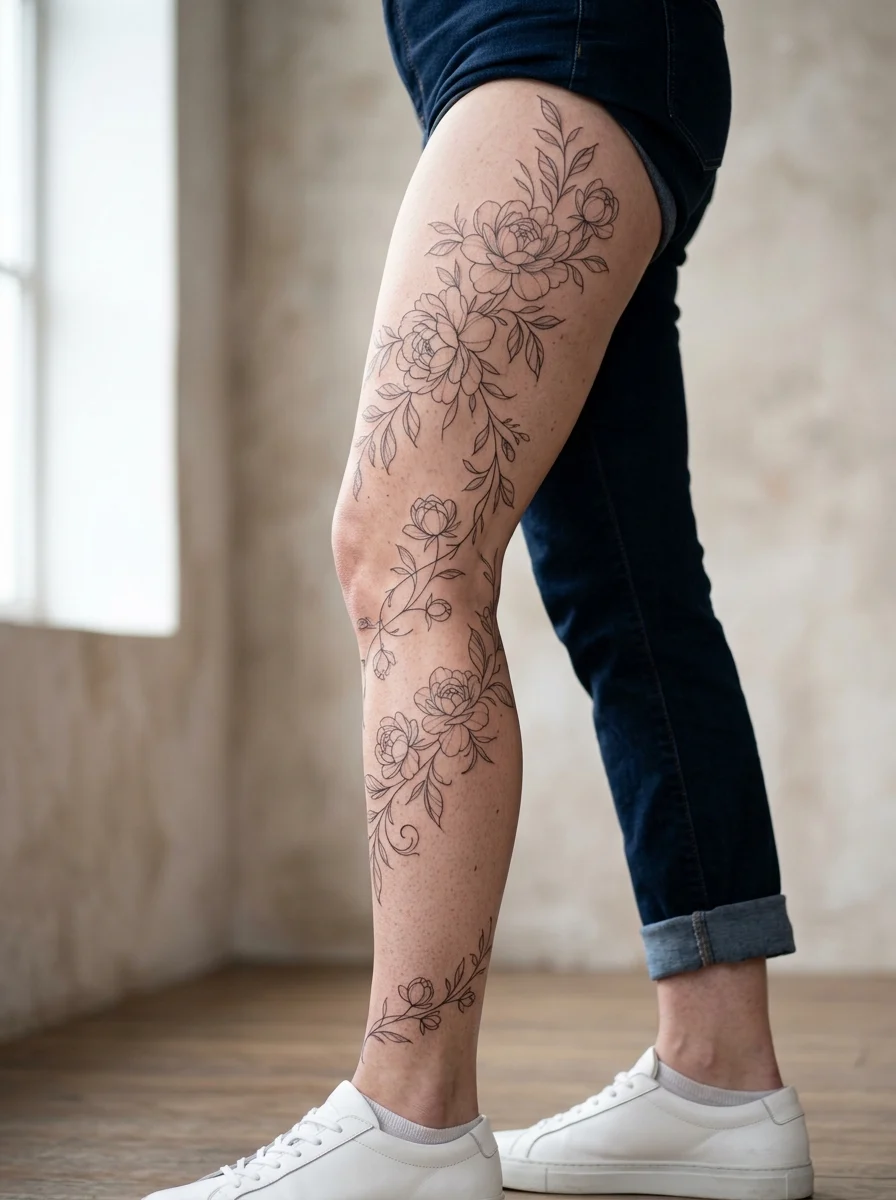 Composição floral minimalista em fine line na perna, com negative space