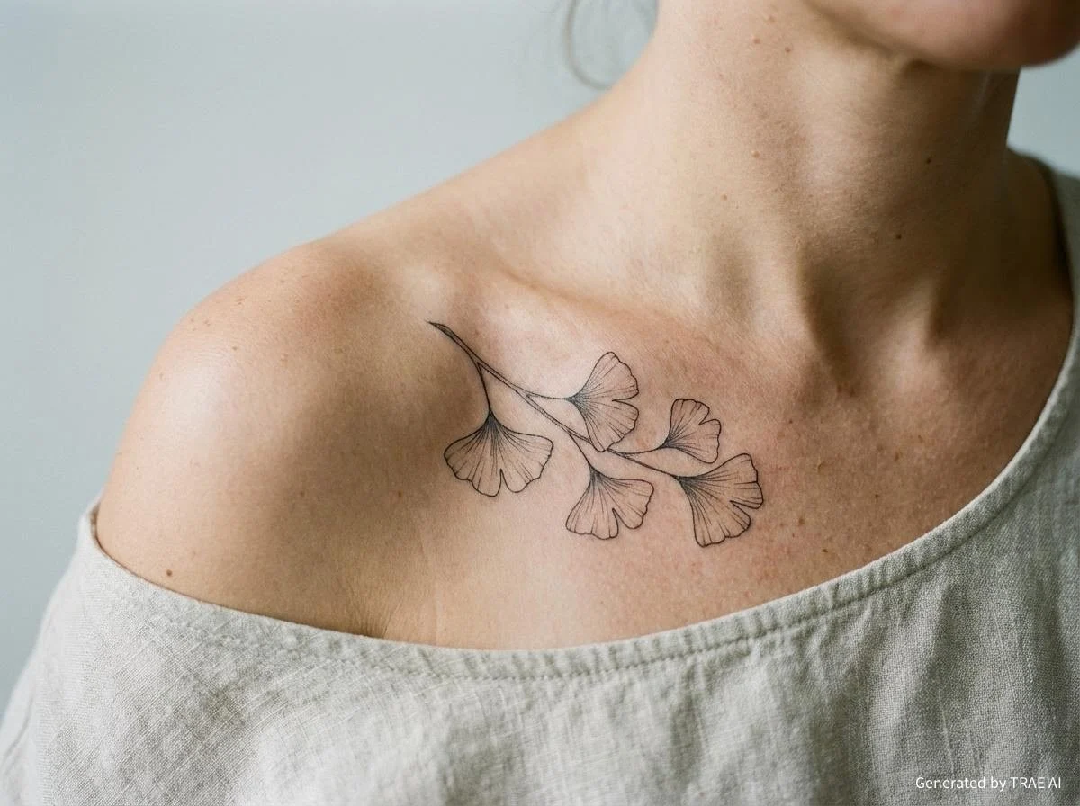 Ramo de ginkgo biloba em tatuagem fine line na clavícula feminina