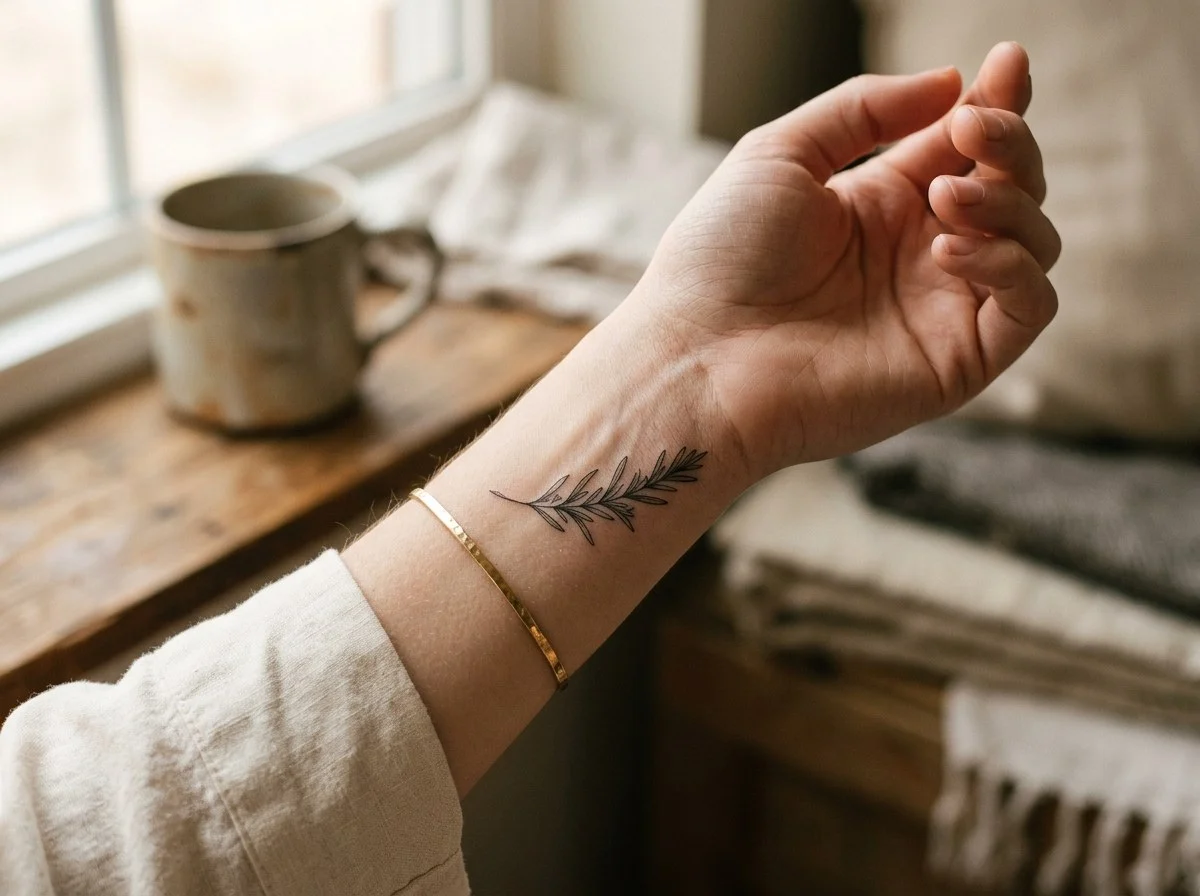 Tatuagem de alecrim feminina delicada no pulso em traço fino