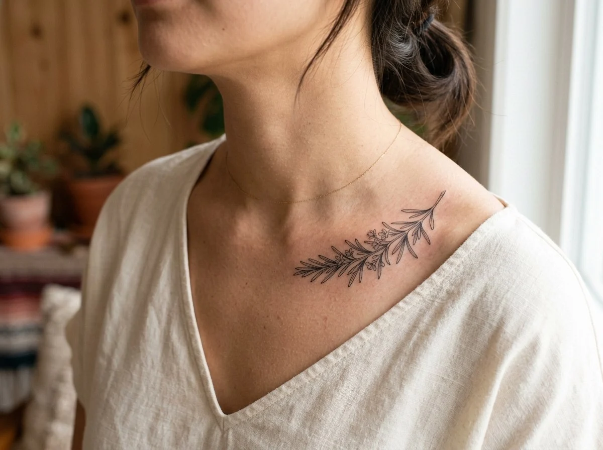 Tatuagem botânica feminina de alecrim na clavícula em estilo fine line