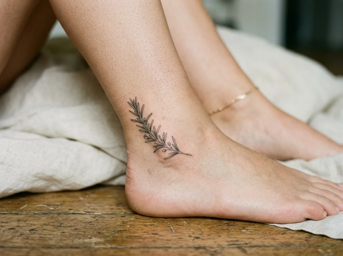 Tatuagem minimalista de alecrim feminina no tornozelo, traço delicado
